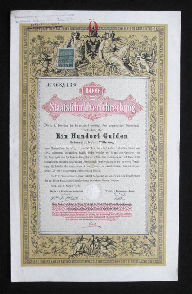 Osztrák államadóssági kötvény 100 gulden 1868 augusztus